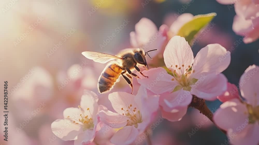 Close-up of honeybee collecting nectar from pink flower in garden during spring morning showcasing pollination process. 4k high resolution video Close-up of honeybee collecting nectar from pink flower in garden during spring morning showcasing pollination process. 4k high resolution video