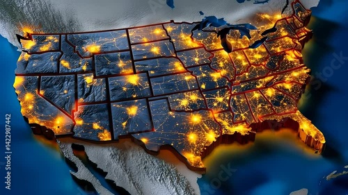 Illuminated 3D Map of the United States