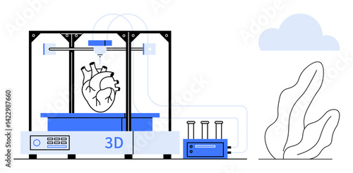 3D printer crafting a human heart model with connected equipment, a cloud, and a plant. Ideal for healthcare, innovation, technology, future, research, education simple landing page