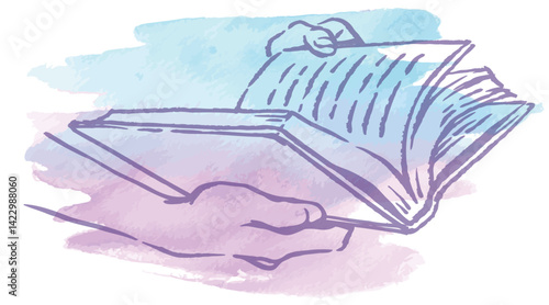 本を読んでいるシーンのイラスト。手と本。水彩風ベクターイラスト素材。