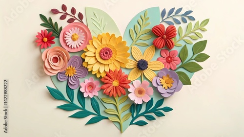 Fototapeta Naklejka Na Ścianę i Meble -  Colorful paper flowers arranged in heart shape