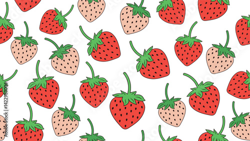 Seamless pattern with strawberries and green leaves for fashion printing, vector illustration	