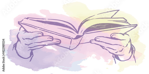 本を読んでいるシーンのイラスト。手と本。水彩風ベクターイラスト素材。