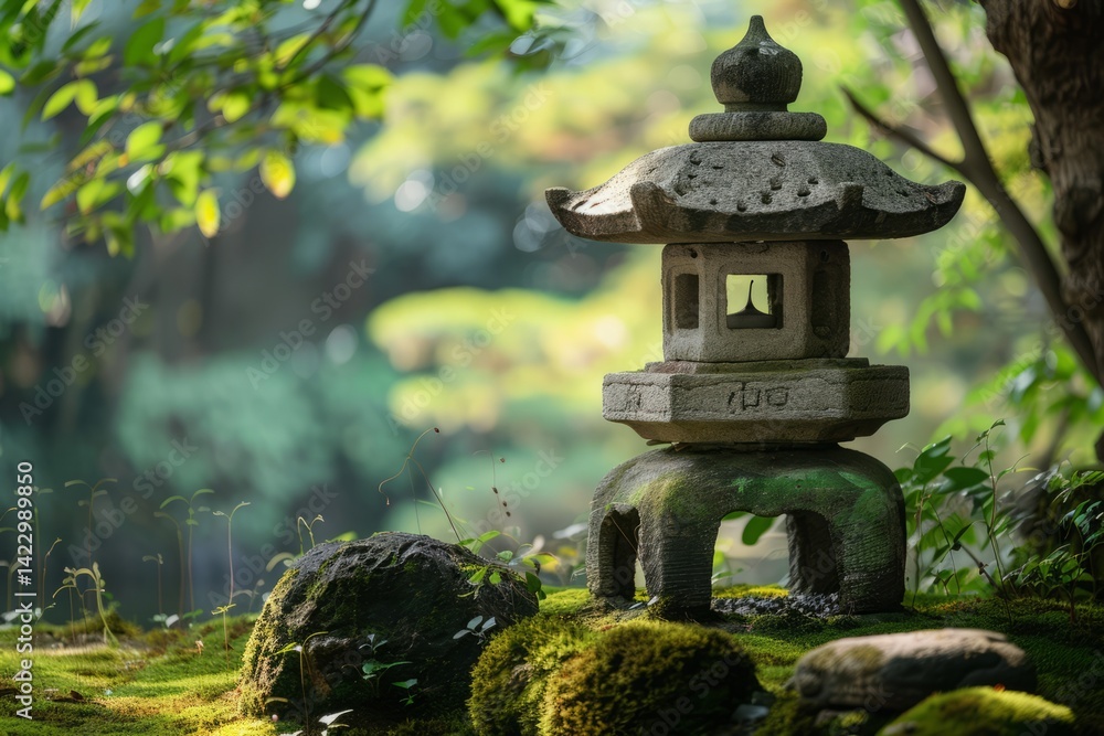 Tranquil Stone Lantern Surrounded by Lush Greenery in Garden Tranquil Stone Lantern Surrounded by Lush Greenery in Garden