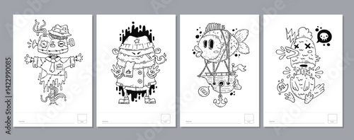 Doodle coloring page for children and adults. Black and white vector characters. Vector doodle illustration