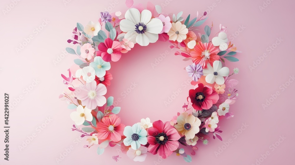 Pastel paper flowers form a wreath against a delicate pink background. Ideal for spring cards, wedding invites, or feminine designs. Pastel paper flowers form a wreath against a delicate pink background. Ideal for spring cards, wedding invites, or feminine designs.