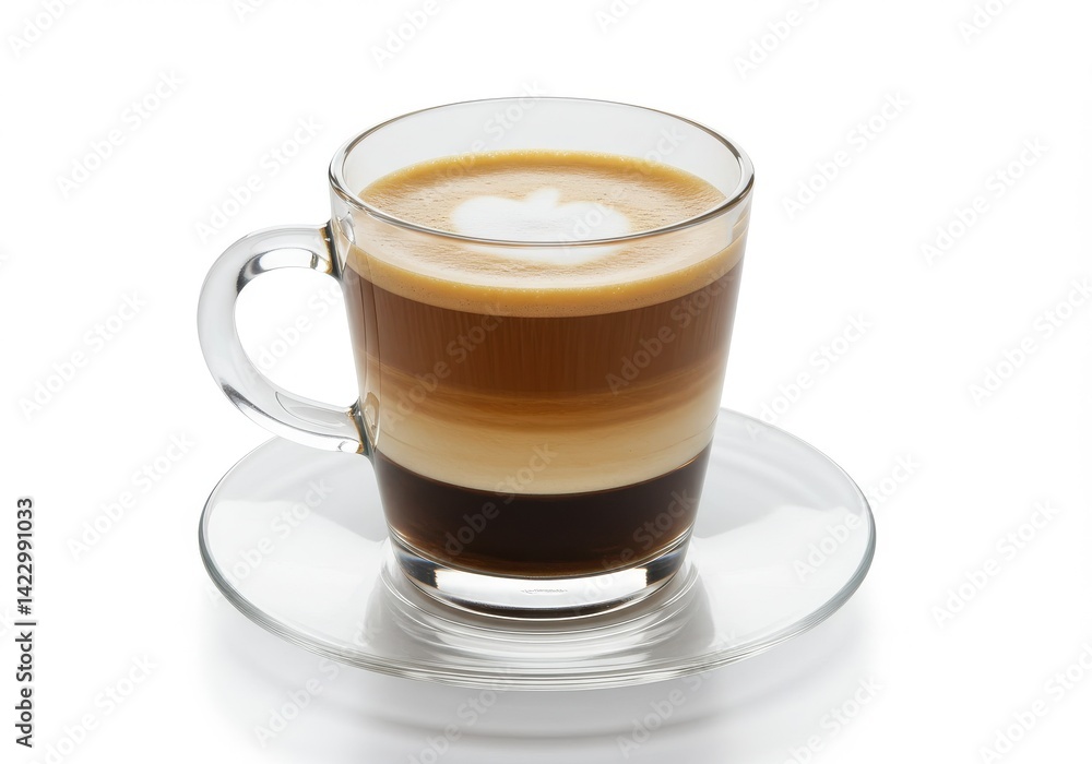 Layered coffee drink in a clear glass mug with handle on a clear saucer against a white background Layered coffee drink in a clear glass mug with handle on a clear saucer against a white background
