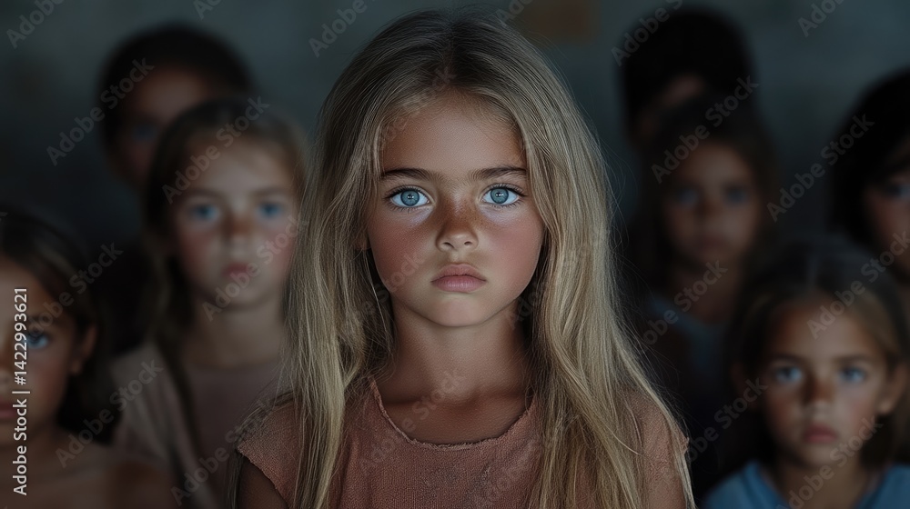 Obraz premium A young blonde girl with striking blue eyes stands in a group of children in a dimly lit room, looking directly at the camera with a serious expression.