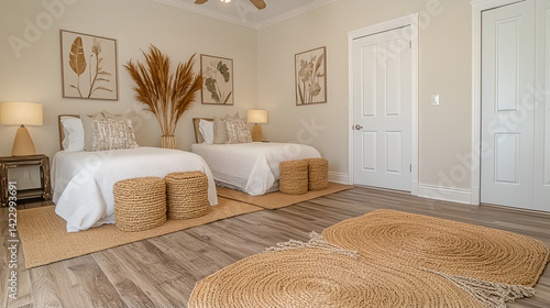 Bright Neutral Twin Bedroom with Beige and White Bedding and Light Wood Floors