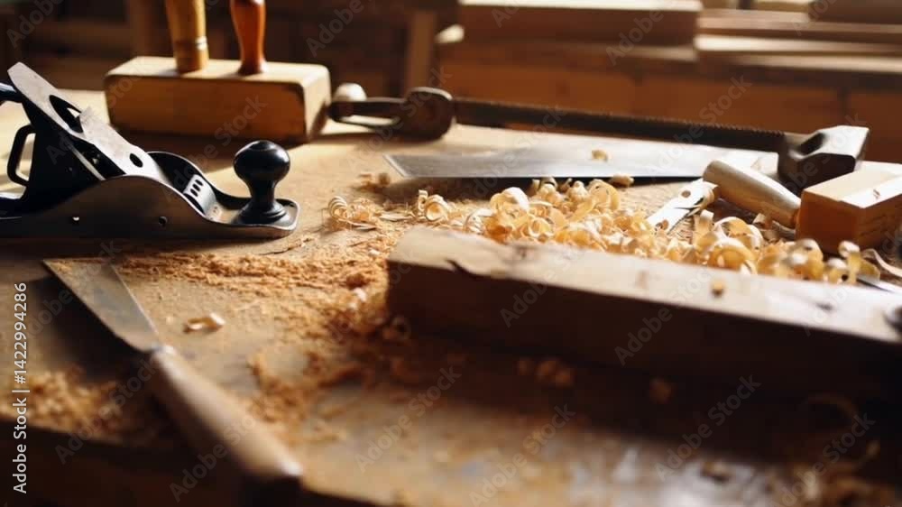 Carpenter’s Workbench with Hand Tools, Wood Shavings, and Vintage Planer in Warm Workshop Light Carpenter’s Workbench with Hand Tools, Wood Shavings, and Vintage Planer in Warm Workshop Light