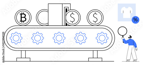 Conveyor belt producing goods using dollar and Bitcoin icons with cogs, consumer holding balloon, clothing, and percent sign. Ideal for fintech, automation, crypto, economy, shopping technology