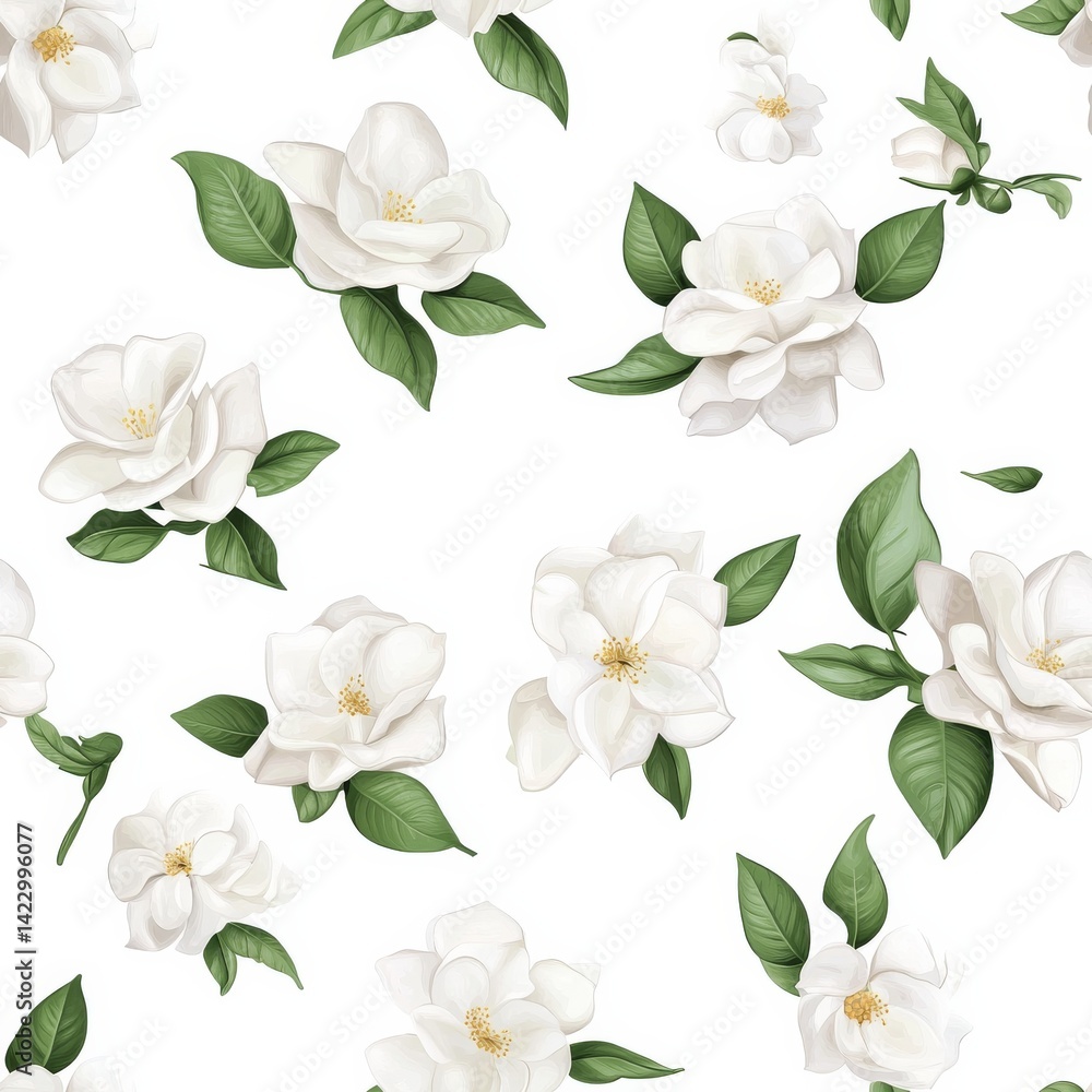 Seamless Pattern Featuring Delicate White Gardenia Flowers and Lush Green Leaves on a Clean White Background Seamless Pattern Featuring Delicate White Gardenia Flowers and Lush Green Leaves on a Clean White Background