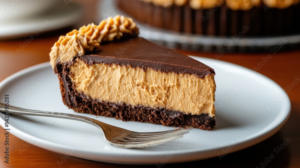 Homemade peanut butter and chocolate cake slice next to fork, natural light dessert shot Homemade peanut butter and chocolate cake slice next to fork, natural light dessert shot
