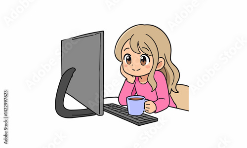 cute woman at his desk is working on the laptop computer cartoon illustration