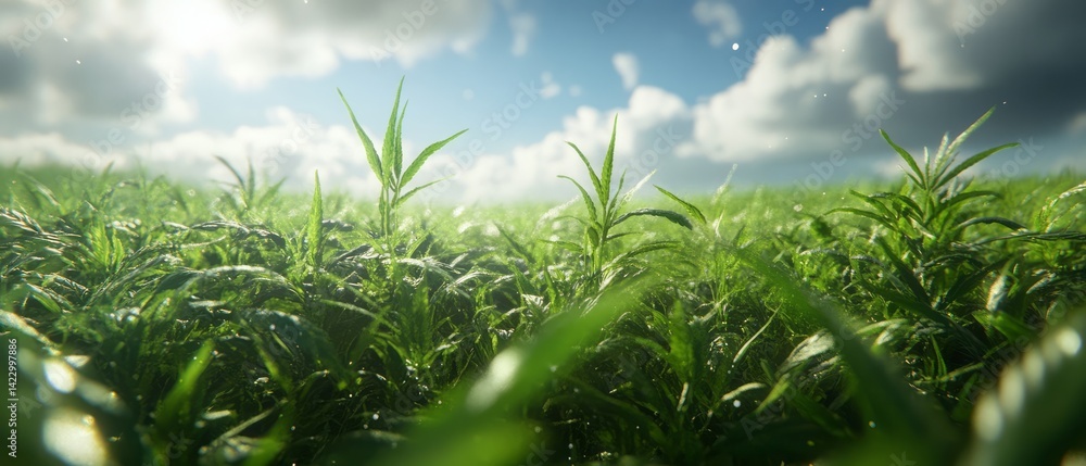 Obraz premium Lush field of cannabis plants under a bright sunny sky