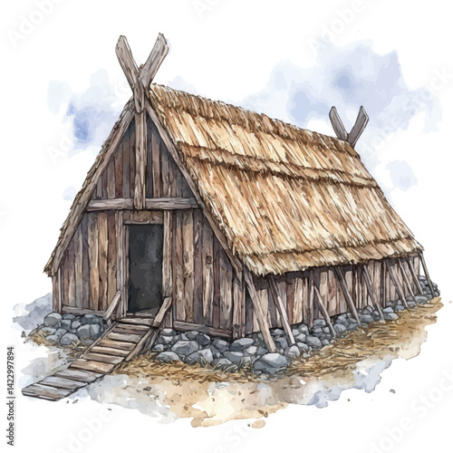 Viking Longhouse Reconstruction, vector watercolor illustration, isolated on a white background.