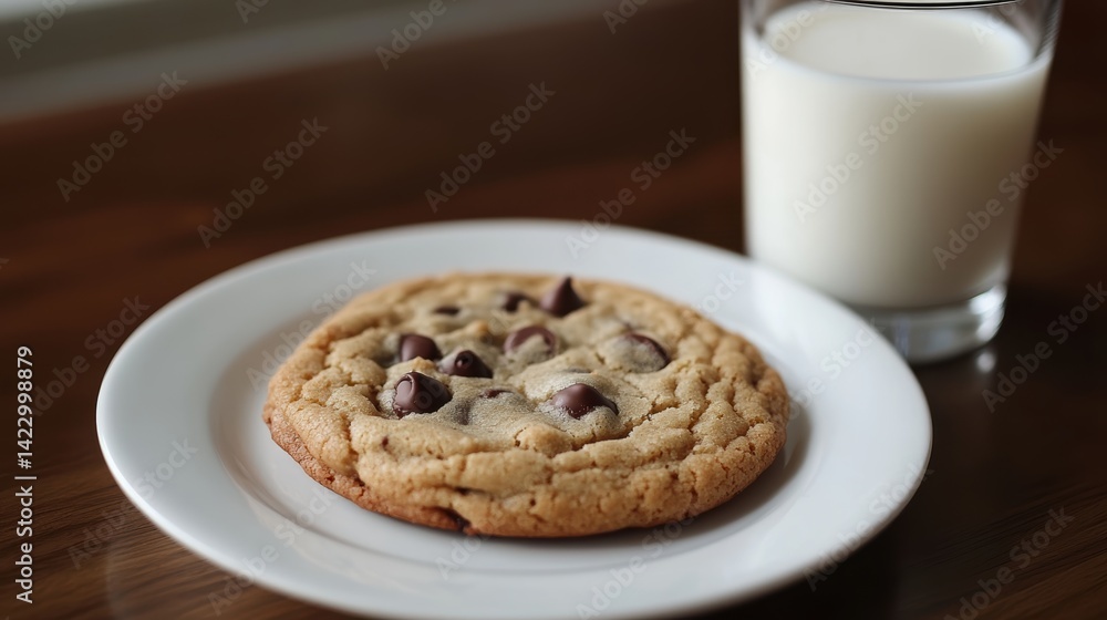 A macro shot of a freshly baked chocolate chip cookie on a white plate with a glass of milk beside it, perfect for dessert and comfort food themes A macro shot of a freshly baked chocolate chip cookie on a white plate with a glass of milk beside it, perfect for dessert and comfort food themes