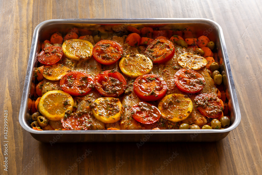 Raw fish fillet with tomato, lemon, olives, carrots & herbs in a baking pan, ready for the oven. Healthy meal prep.