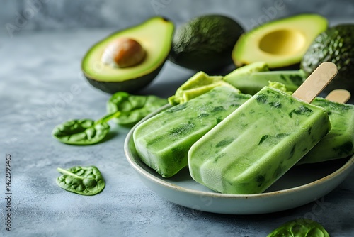 A photo of avocado and spinach popsicles, displayed on an ice cream dish with fresh avocados in the background