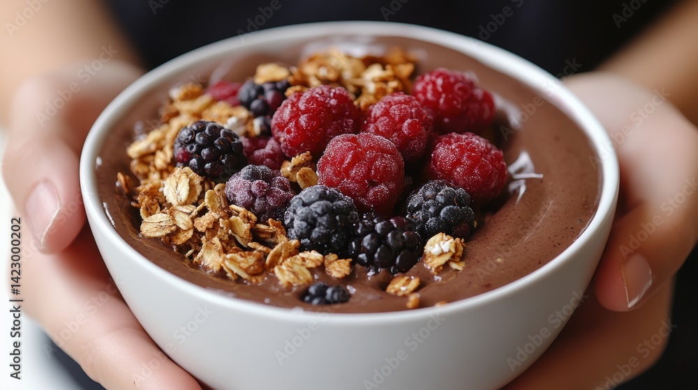 A front-facing shot of a person enjoying a smoothie bowl topped with granola and berries, sitting at a white table, ideal for healthy eating content A front-facing shot of a person enjoying a smoothie bowl topped with granola and berries, sitting at a white table, ideal for healthy eating content