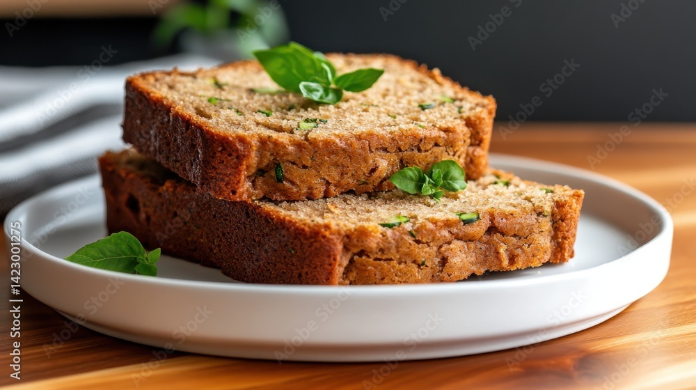 Minimalist slice of zucchini bread on white dish with wooden background, healthy dessert Minimalist slice of zucchini bread on white dish with wooden background, healthy dessert