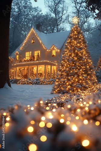 Snowy Home, Christmas Lights, Evening