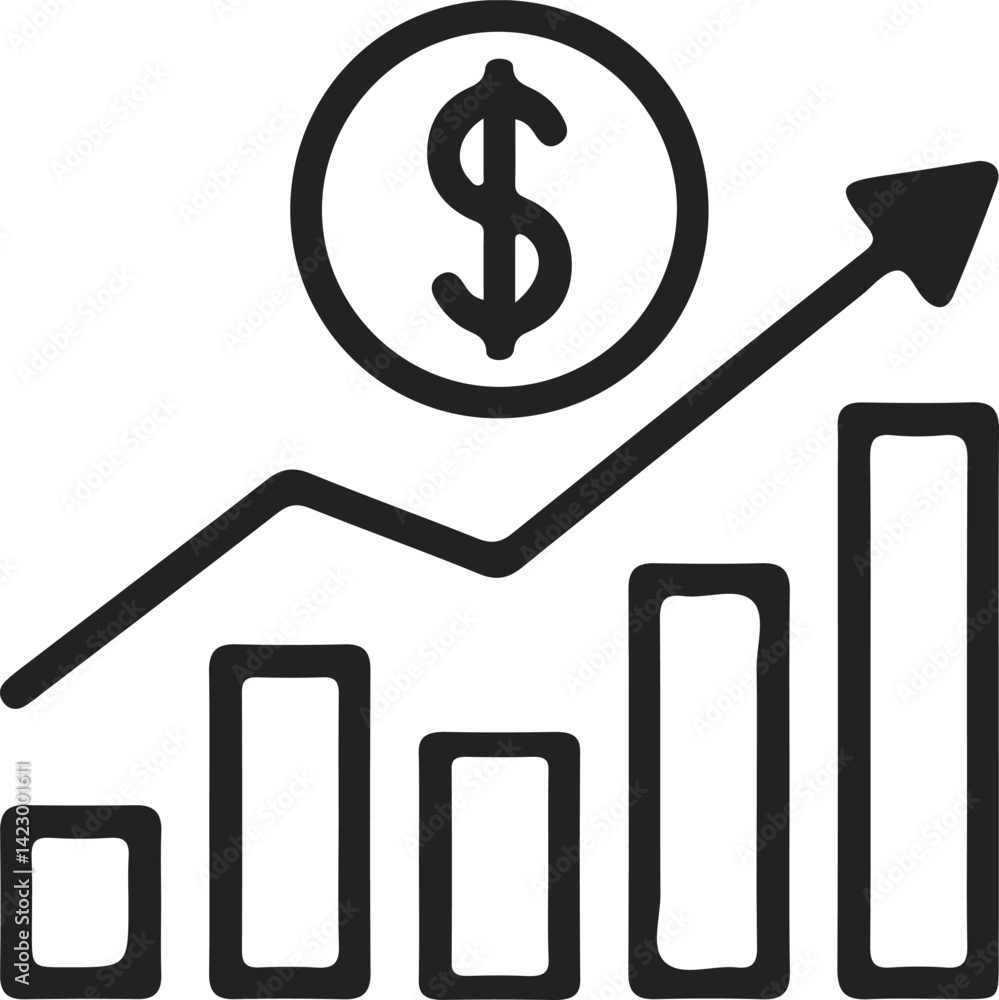 Outline Icon of Financial Bar Graph with Upward Arrow and Dollar Symbol Representing Economic Growth and Investment Success
Outline Icon of Financial Bar Graph with Upward Arrow and Dollar Symbol Representing Economic Growth and Investment Success