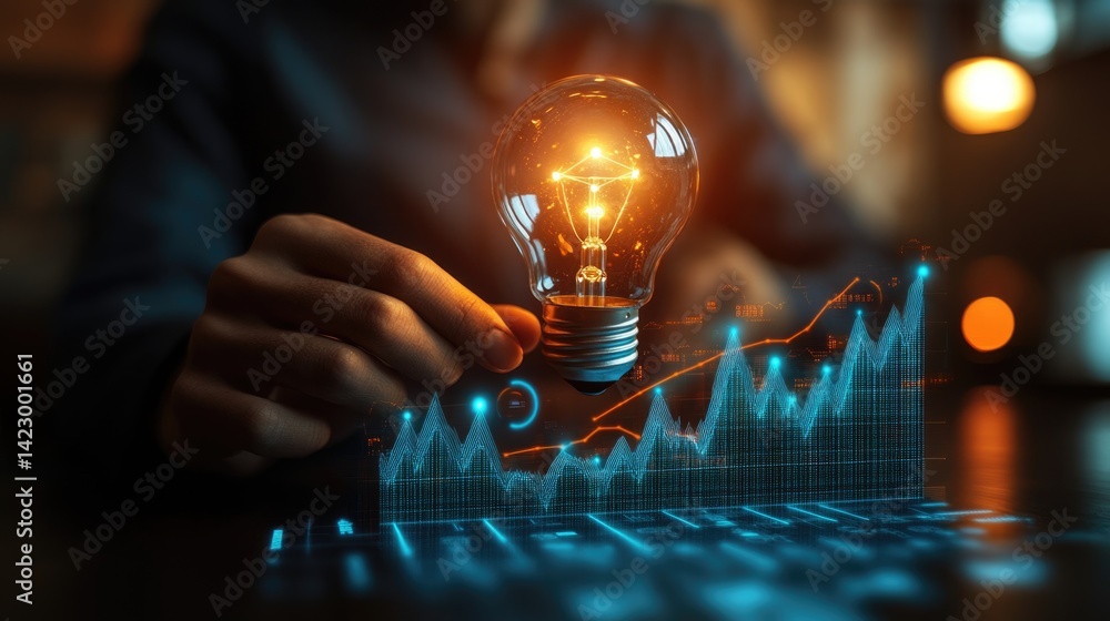 Strategy business planning ideas for investment and business growth. glowing light bulb with futuristic graphic icon.