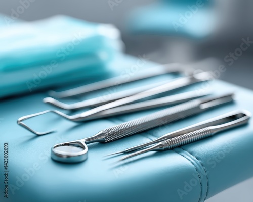 Close up sterile instruments on gynecological examination chair - surgery steel white tool monitoring