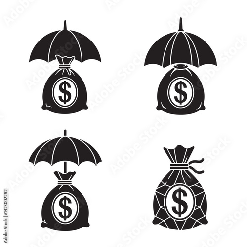Vector umbrella and money bag silhouette 4 set design with modern icon style representing finance insurance savings digital wallet mobile banking and secure cash storage for branding projects
