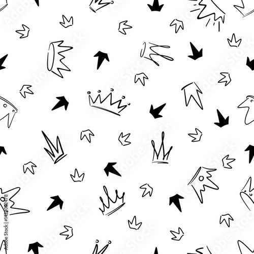 Different cartoon crowns, doodle on a white background, seamless pattern. Black and white graphic illustration vector. The sketch was drawn manually. An element for background, holiday, decoration