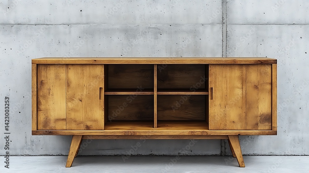 Modern solid wood sideboard with doors and open storage space, grey concrete wall background, Modern solid wood sideboard with doors and open storage space, grey concrete wall background,