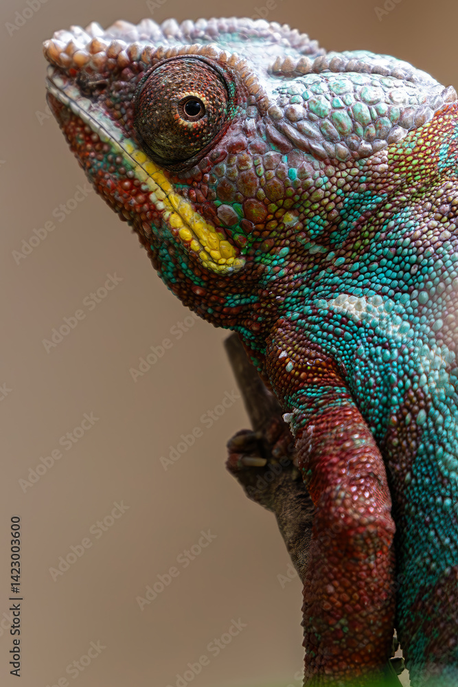 Macro shot of an exotic chameleon's eye and scales. Showing amazing natural patterns and texture.