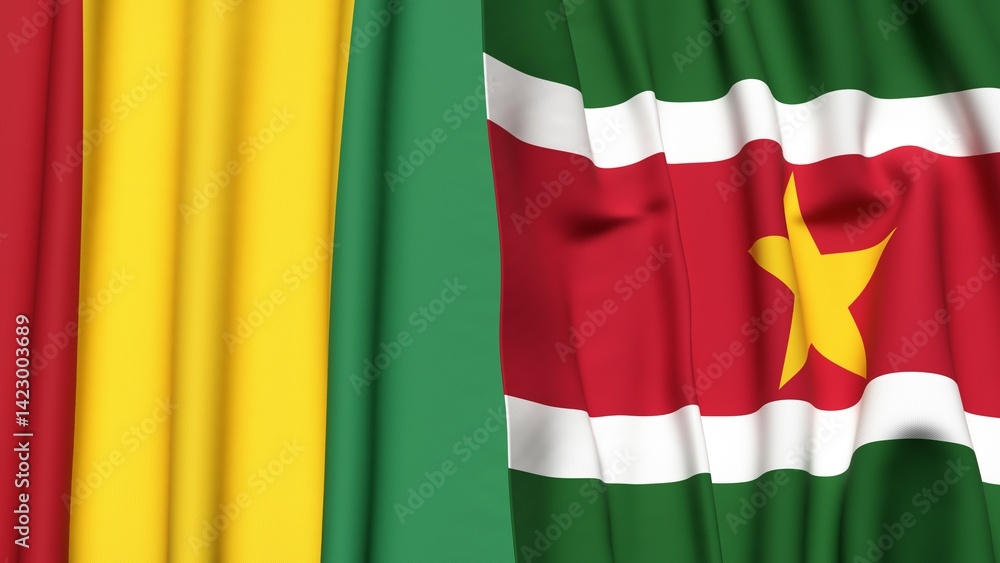 Fototapeta premium Flags of GUINEA and SURINAME with realistic cloth texture