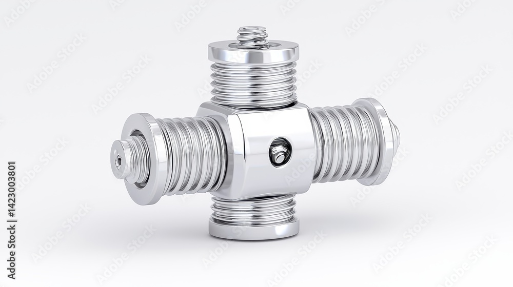 Close-up view of a highly polished chrome-plated mechanical device featu a cross shape with threaded components and a central hex nut for joining parts Close-up view of a highly polished chrome-plated mechanical device featu a cross shape with threaded components and a central hex nut for joining parts
