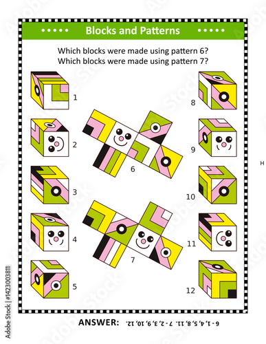 Educational math visual puzzle with cubes and fancy patterns. Answer included.
