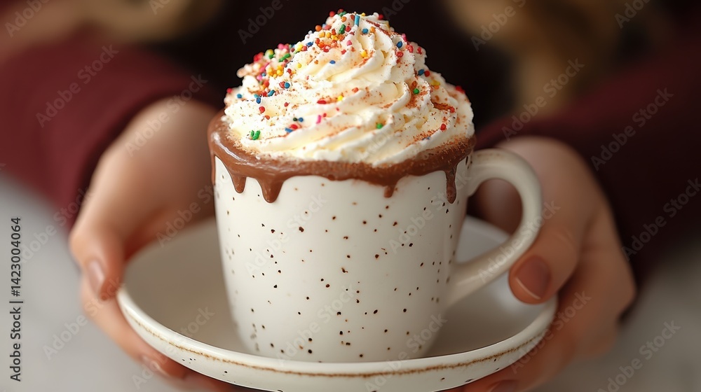 A close-up of a person holding a ceramic mug filled with hot cocoa, topped with whipped cream and sprinkles, placed on a white plate A close-up of a person holding a ceramic mug filled with hot cocoa, topped with whipped cream and sprinkles, placed on a white plate