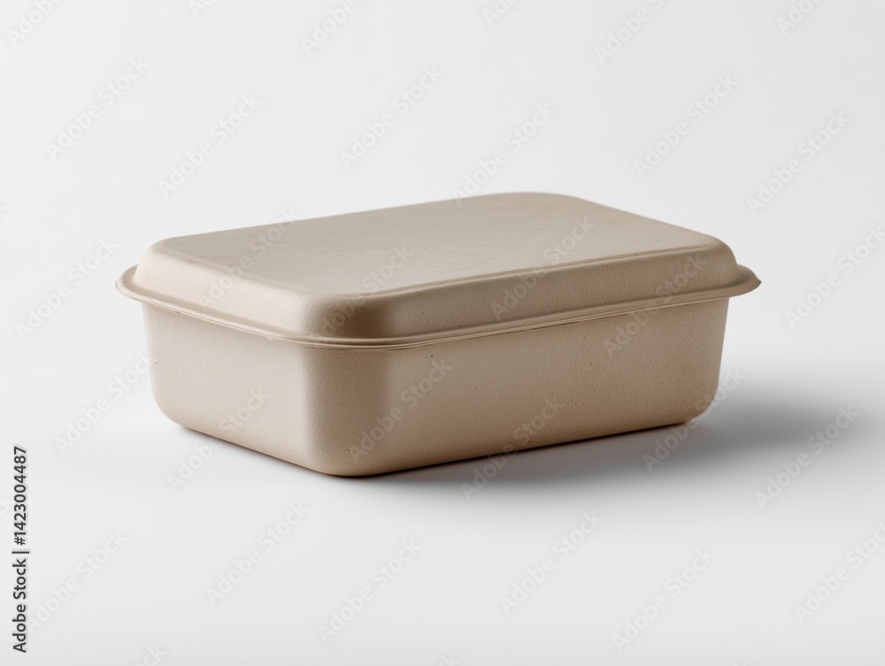 A single closed clamshell container made from biodegradable molded pulp, displayed on a seamless white studio background. A single closed clamshell container made from biodegradable molded pulp, displayed on a seamless white studio background.