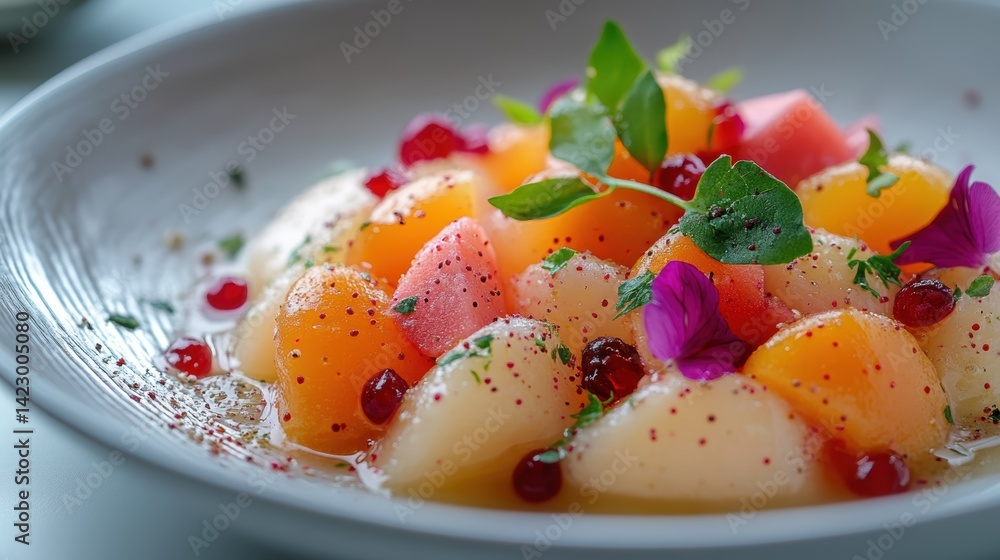 A macro shot of a beautifully arranged fruit salad in a white bowl, showcasing vibrant colors and healthy ingredients A macro shot of a beautifully arranged fruit salad in a white bowl, showcasing vibrant colors and healthy ingredients