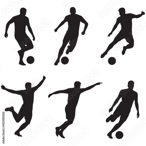vector of silhouette set of soccer player kicking the ball, man playing soccer, set of football (soccer) players set