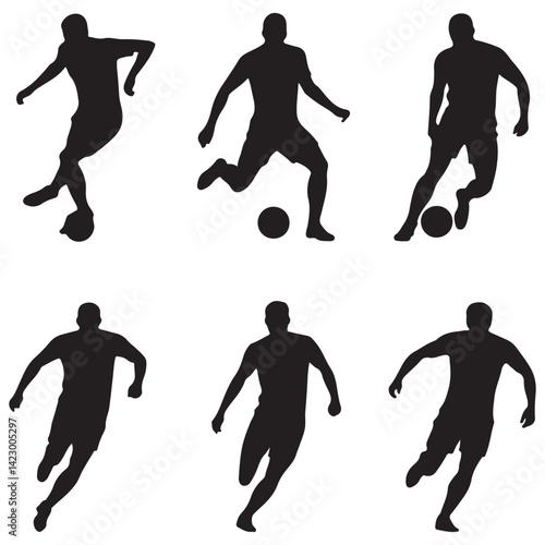 vector of silhouette set of soccer player kicking the ball, man playing soccer, set of football (soccer) players set