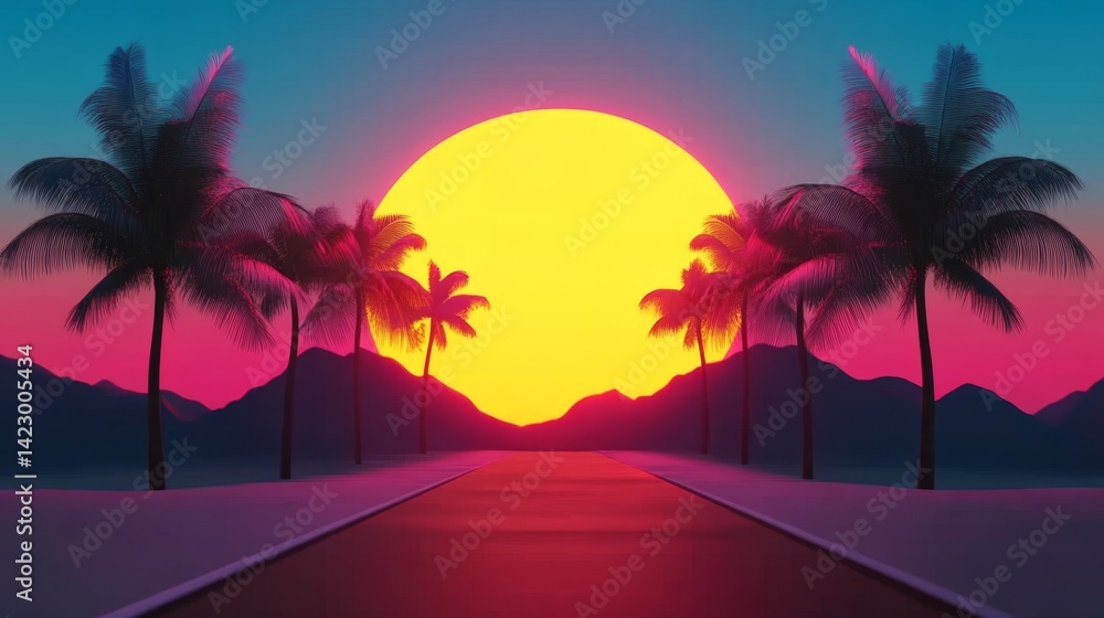 Naklejka premium Vibrant sunset with palm trees lining a serene road under a colorful sky at twilight in a tropical paradise