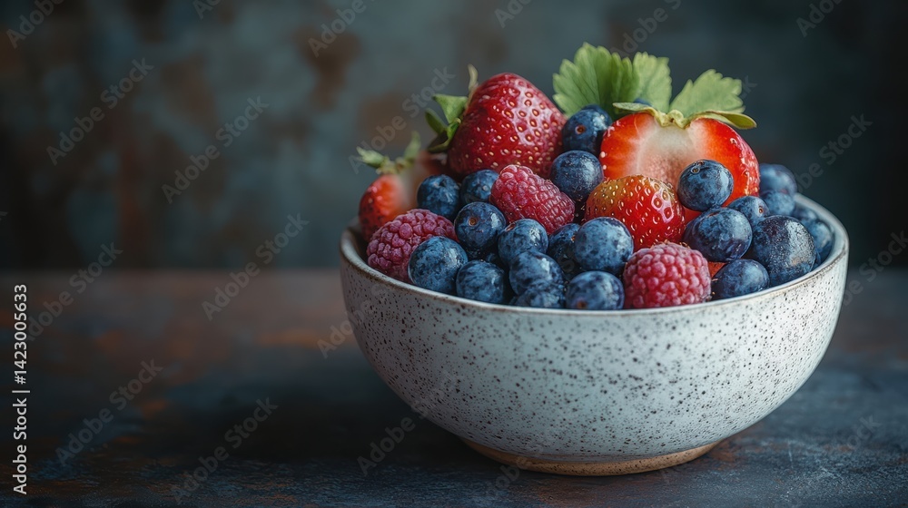 A macro shot of a fresh bowl of mixed berries, placed in a white ceramic bowl, ideal for healthy food content A macro shot of a fresh bowl of mixed berries, placed in a white ceramic bowl, ideal for healthy food content
