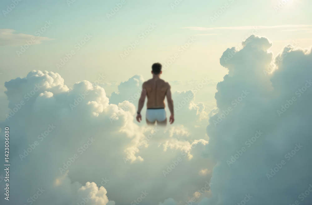 Obraz premium A man in white boxers flies in the sky with clouds