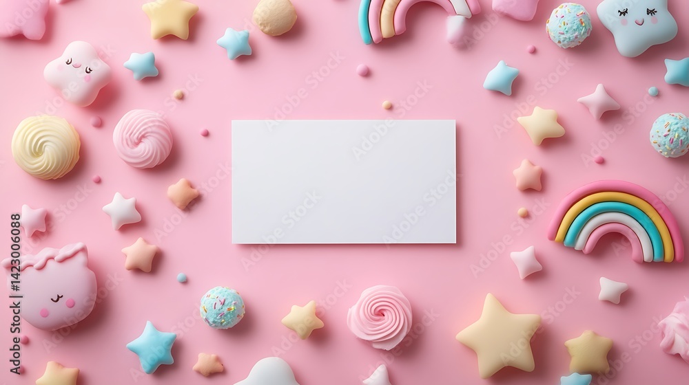 Photo of a blank white card on top, surrounded by cute kawaii icons like rainbows and stars. On a pink background with lots of copy space Photo of a blank white card on top, surrounded by cute kawaii icons like rainbows and stars. On a pink background with lots of copy space