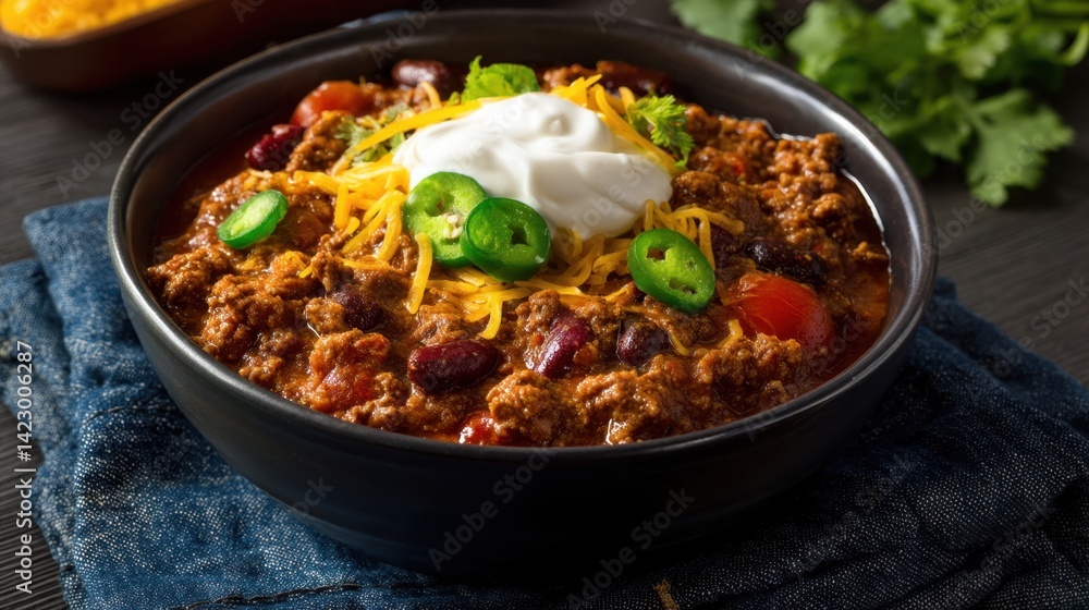Hearty bowl of chili topped with sour cream and jalapenos Hearty bowl of chili topped with sour cream and jalapenos