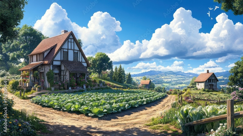 Organic farm with endless cabbage patches under summer skies Organic farm with endless cabbage patches under summer skies