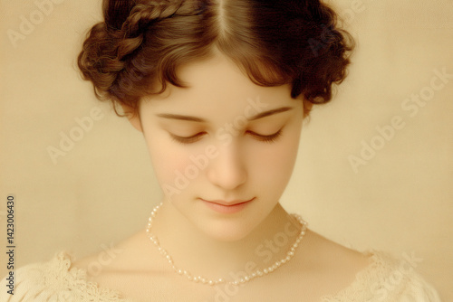 elegant young woman pearl necklace braided hair vintage romantic portrait