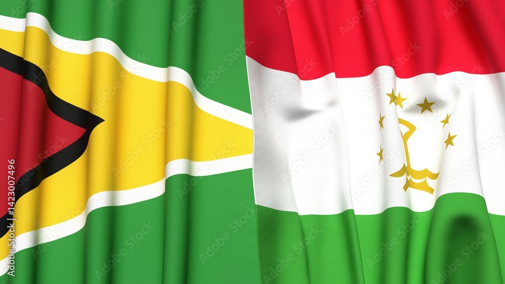 Fototapeta premium Flags of GUYANA and TAJIKISTAN with realistic cloth texture