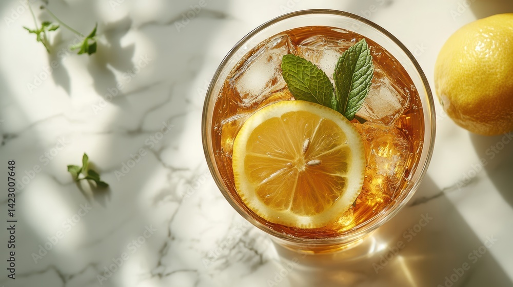 A close-up of a glass of iced tea with a slice of lemon and mint leaves, placed on a white marble countertop A close-up of a glass of iced tea with a slice of lemon and mint leaves, placed on a white marble countertop